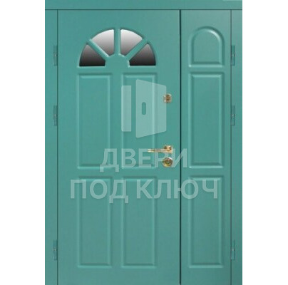 Входная железная двупольная дверь с окошком в кирпичный дом ДПК-12485